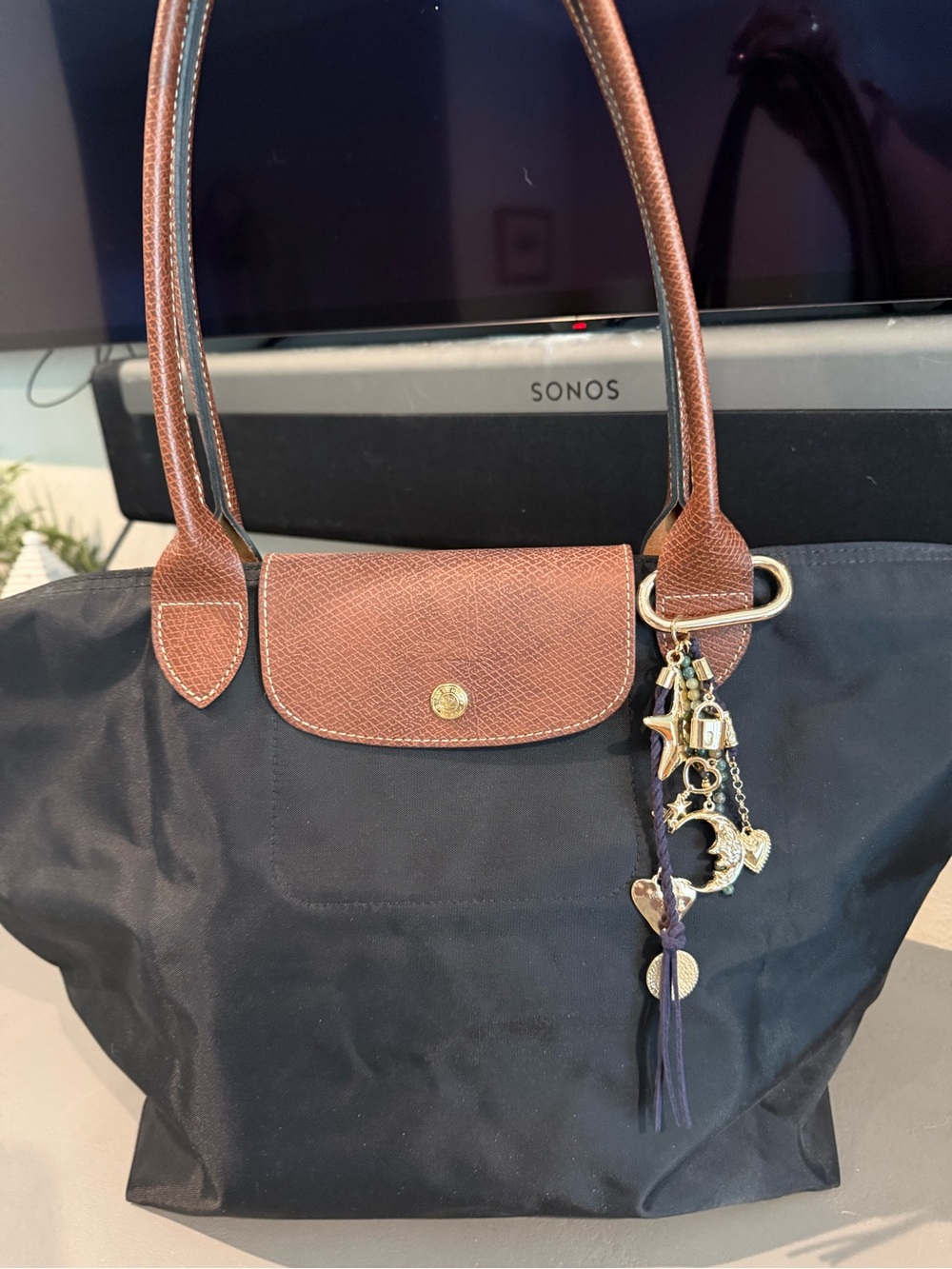 Longchamp Black Le Pliage Tote with Brown Leather Trim